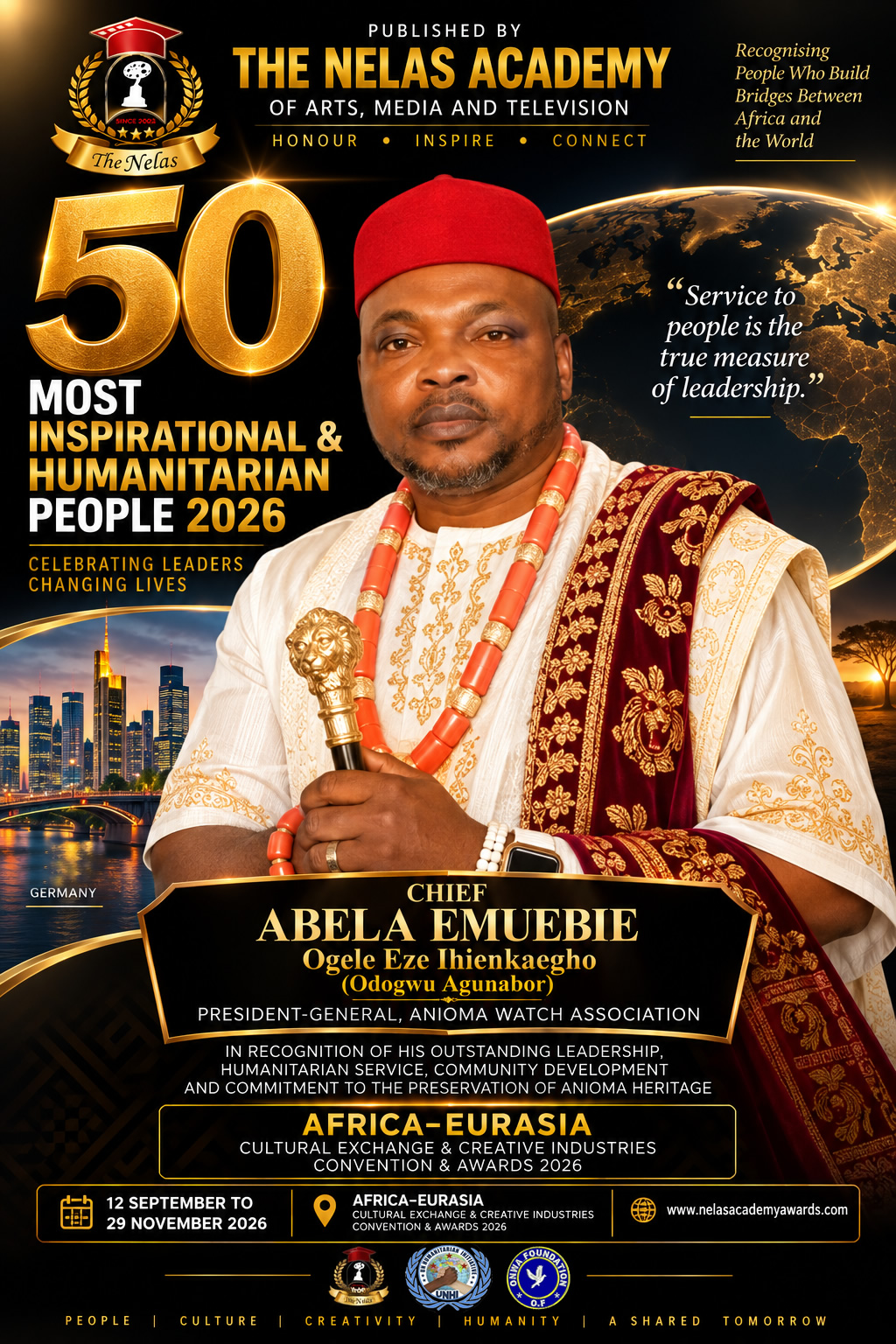 PRESIDENTIAL CONGRATULATIONS CHIEF ABELA EMUEBIE OGELE EZE IHIENKAEGHO (ODOGWU AGUNABOR) ON HIS NOMINATION FOR THE NELAS ACADEMY AWARDS 2026 AND INCLUSION AMONG THE 50 MOST INSPIRATIONAL & HUMANITARIAN PEOPLE 2026