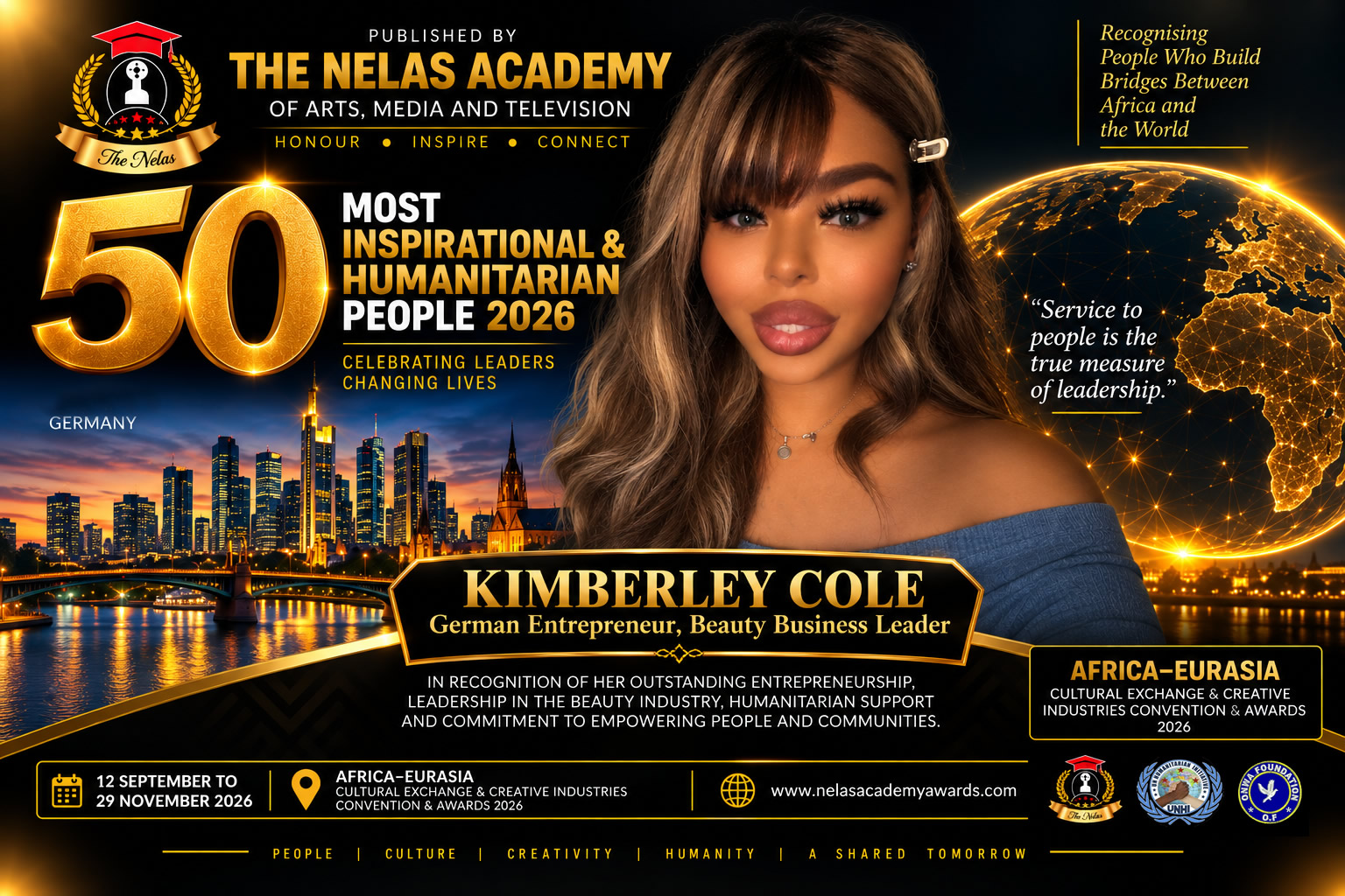 THE NELAS ACADEMY CONGRATULATES KIMBERLEY COLE ON HER NOMINATION FOR THE NELAS ACADEMY AWARDS 2026 AND SELECTION AMONG THE 50 MOST INSPIRATIONAL & HUMANITARIAN PEOPLE 2026
